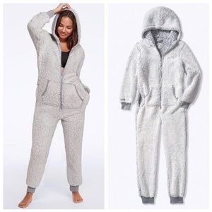 Pink Victorias Secret Grey Oasis Sherpa Zip Up Hoodie Onesie One Piece